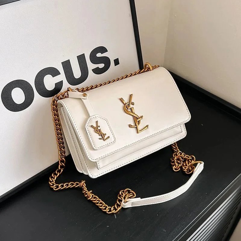 Saint Laurent Medium Sunset Chain Bag In Leather White Gold